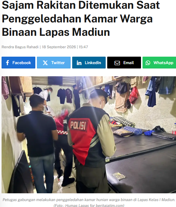 Sajam Rakitan Ditemukan Saat Penggeledahan Kamar Warga Binaan Lapas Madiun