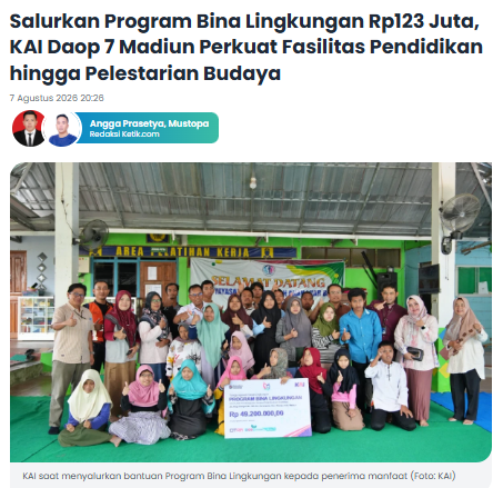 Salurkan Program Bina Lingkungan Rp123 Juta, KAI Daop 7 Madiun Perkuat Fasilitas Pendidikan hingga Pelestarian Budaya