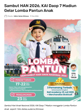 Sambut HAN 2026, KAI Daop 7 Madiun Gelar Lomba Pantun Anak