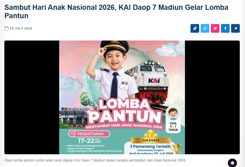 Sambut Hari Anak Nasional 2026, KAI Daop 7 Madiun Gelar Lomba Pantun