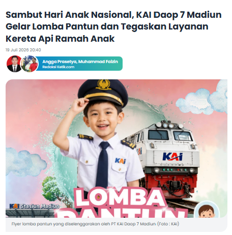 Sambut Hari Anak Nasional, KAI Daop 7 Madiun Gelar Lomba Pantun dan Tegaskan Layanan Kereta Api Ramah Anak