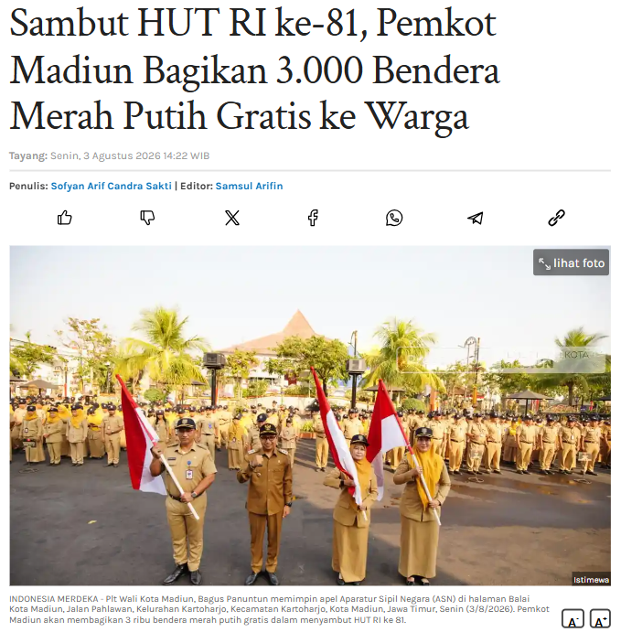 Sambut HUT RI ke-81, Pemkot Madiun Bagikan 3.000 Bendera Merah Putih Gratis ke Warga