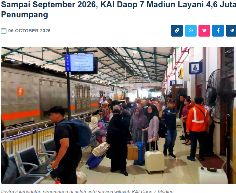Sampai September 2026, KAI Daop 7 Madiun Layani 4,6 Juta Penumpang