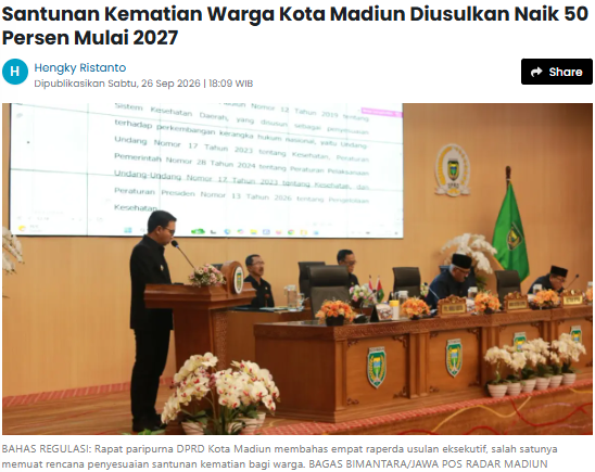 Santunan Kematian Warga Kota Madiun Diusulkan Naik 50 Persen Mulai 2027