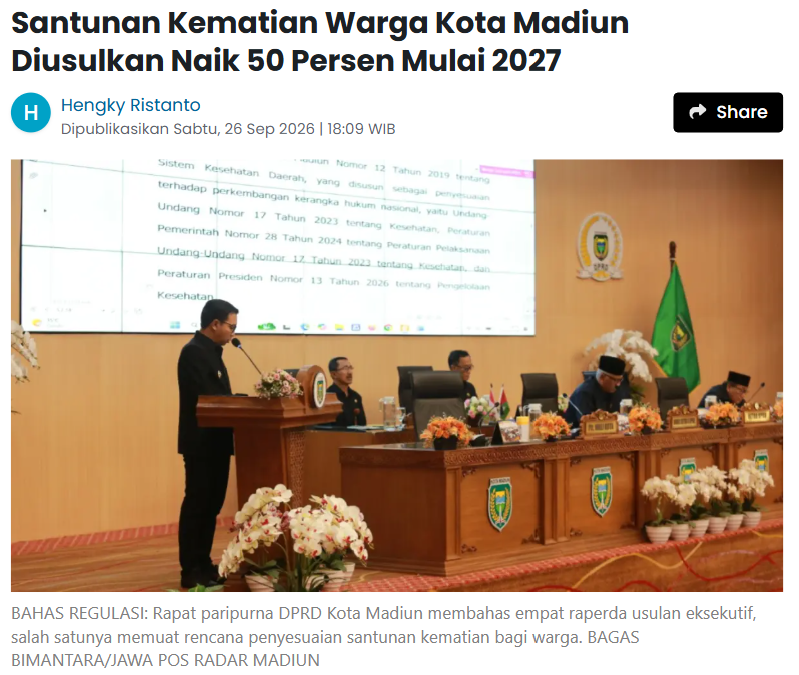 Santunan Kematian Warga Kota Madiun Diusulkan Naik 50 Persen Mulai 2027