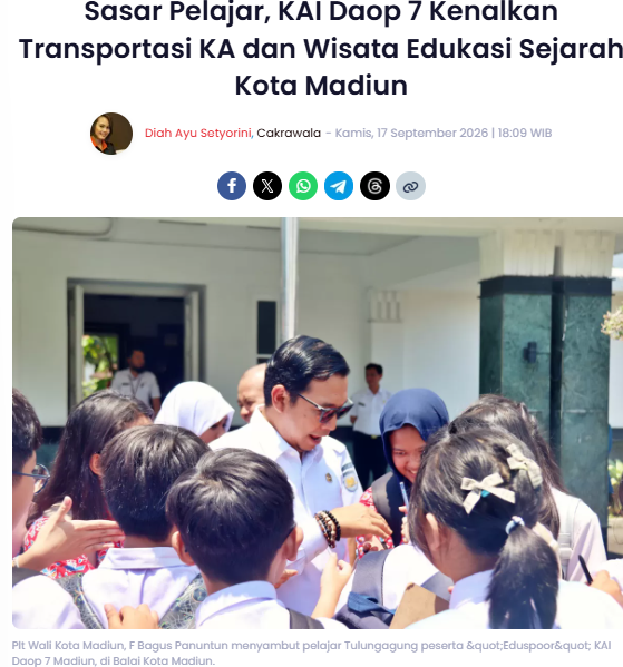 Sasar Pelajar, KAI Daop 7 Kenalkan Transportasi KA dan Wisata Edukasi Sejarah Kota Madiun
