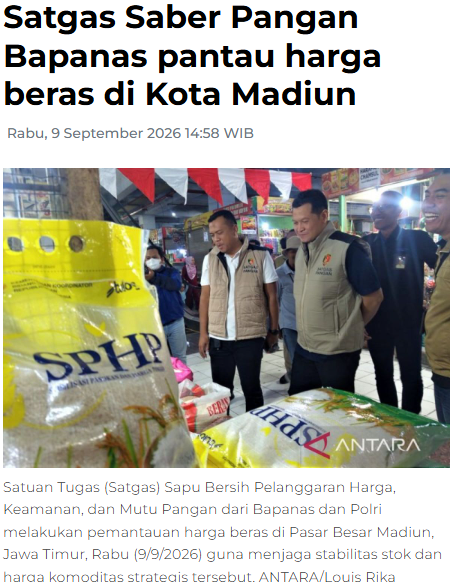 Satgas Saber Pangan Bapanas pantau harga beras di Kota Madiun