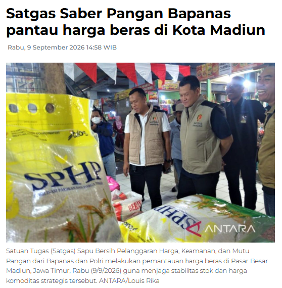 Satgas Saber Pangan Bapanas pantau harga beras di Kota Madiun
