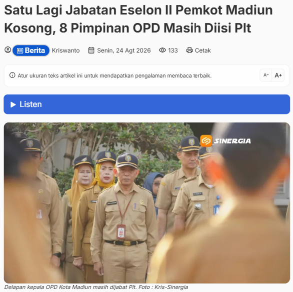 Satu Lagi Jabatan Eselon II Pemkot Madiun Kosong, 8 Pimpinan OPD Masih Diisi Plt