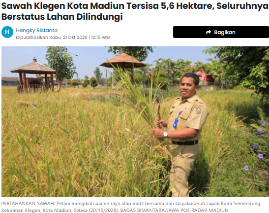 Sawah Klegen Kota Madiun Tersisa 5,6 Hektare, Seluruhnya Berstatus Lahan Dilindungi