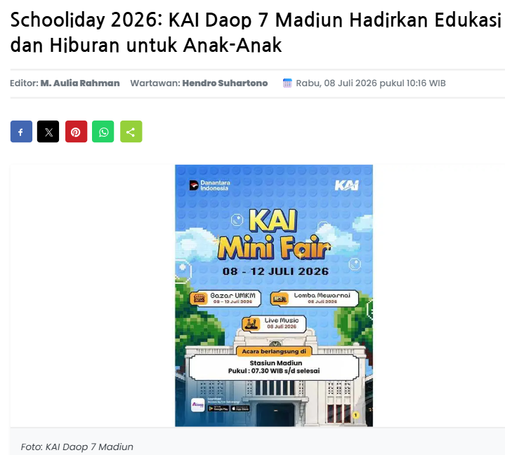 Schooliday 2026: KAI Daop 7 Madiun Hadirkan Edukasi dan Hiburan untuk Anak-Anak