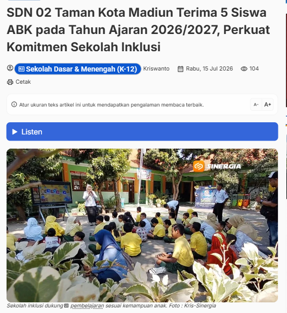 SDN 02 Taman Kota Madiun Terima 5 Siswa ABK pada Tahun Ajaran 2026/2027, Perkuat Komitmen Sekolah Inklusi