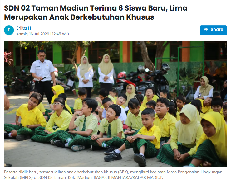 SDN 02 Taman Madiun Terima 6 Siswa Baru, Lima Merupakan Anak Berkebutuhan Khusus