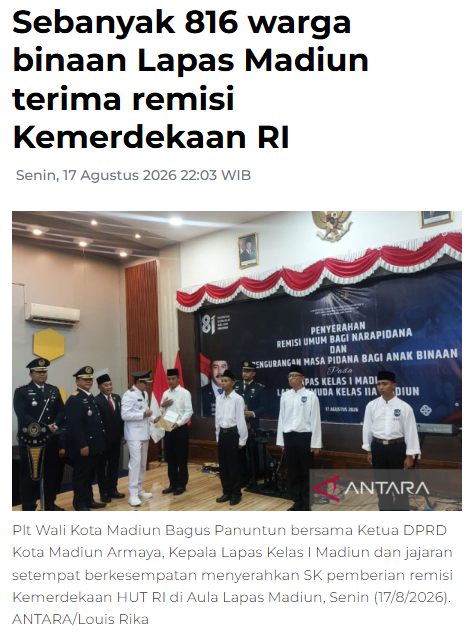 Sebanyak 816 warga binaan Lapas Madiun terima remisi Kemerdekaan RI