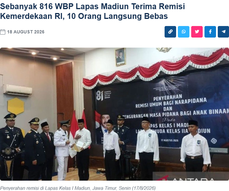 Sebanyak 816 WBP Lapas Madiun Terima Remisi Kemerdekaan RI, 10 Orang Langsung Bebas