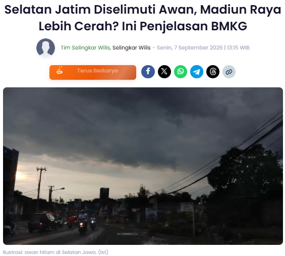 Selatan Jatim Diselimuti Awan, Madiun Raya Lebih Cerah? Ini Penjelasan BMKG
