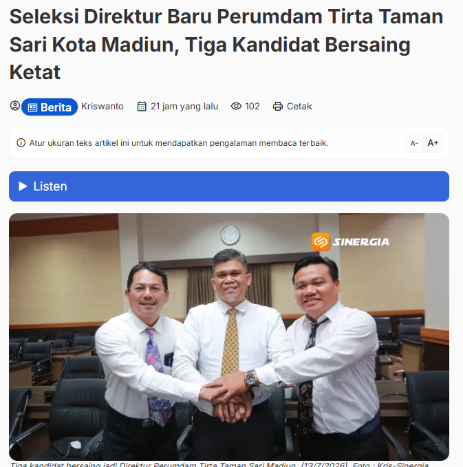 Seleksi Direktur Baru Perumdam Tirta Taman Sari Kota Madiun, Tiga Kandidat Bersaing Ketat