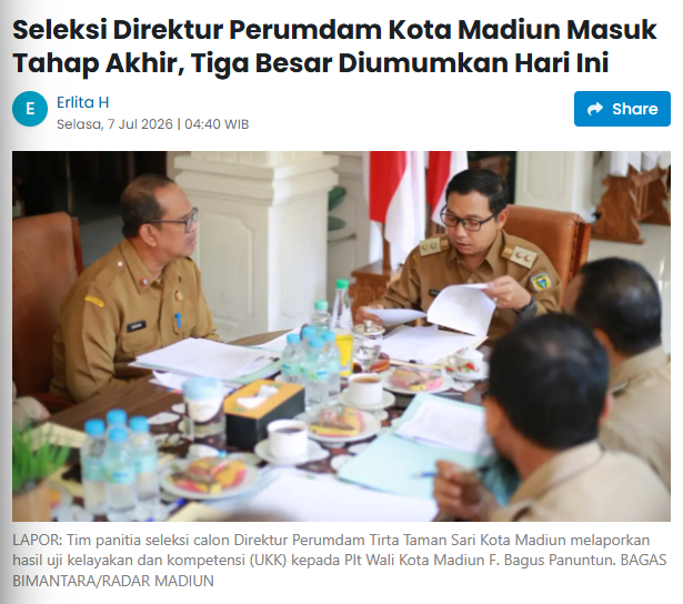 Seleksi Direktur Perumdam Kota Madiun Masuk Tahap Akhir, Tiga Besar Diumumkan Hari Ini