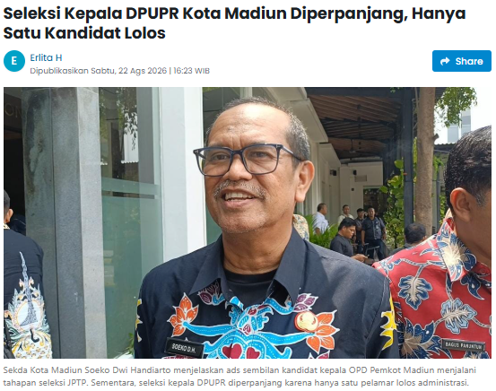 Seleksi Kepala DPUPR Kota Madiun Diperpanjang, Hanya Satu Kandidat Lolos