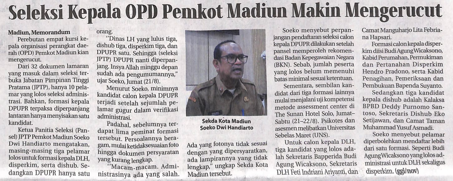 Seleksi Kepala OPD Pemkot Madiun Makin Mengerucut