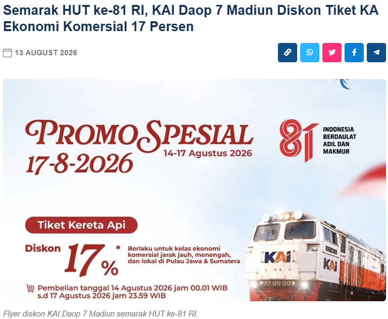 Semarak HUT ke-81 RI, KAI Daop 7 Madiun Diskon Tiket KA Ekonomi Komersial 17 Persen