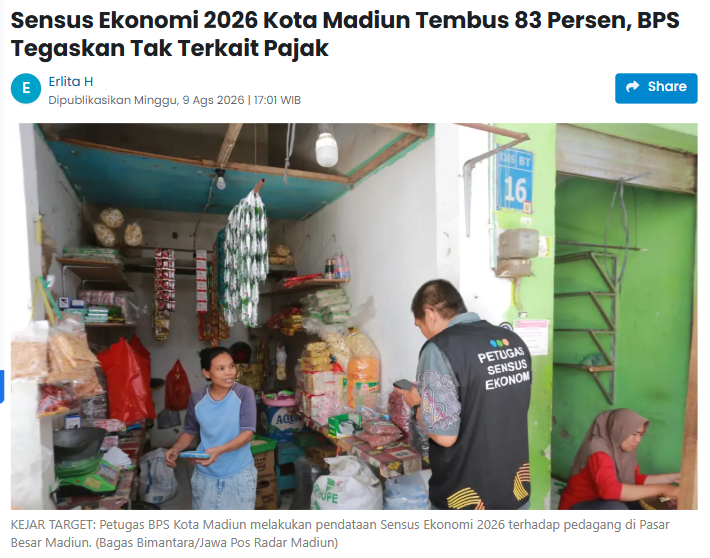 Sensus Ekonomi 2026 Kota Madiun Tembus 83 Persen, BPS Tegaskan Tak Terkait Pajak