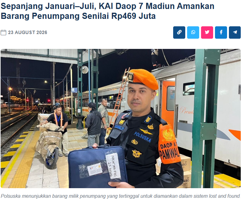 Sepanjang Januari–Juli, KAI Daop 7 Madiun Amankan Barang Penumpang Senilai Rp469 Juta