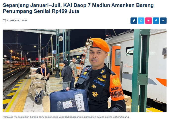 Sepanjang Januari–Juli, KAI Daop 7 Madiun Amankan Barang Penumpang Senilai Rp469 Juta