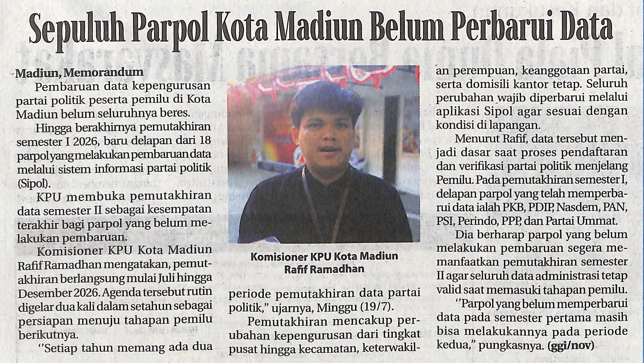 Sepuluh Parpol Kota Madiun Belum Perbarui Data  19 jul 2026