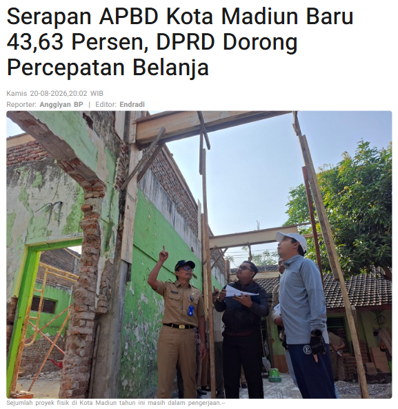 Serapan APBD Kota Madiun Baru 43,63 Persen, DPRD Dorong Percepatan Belanja