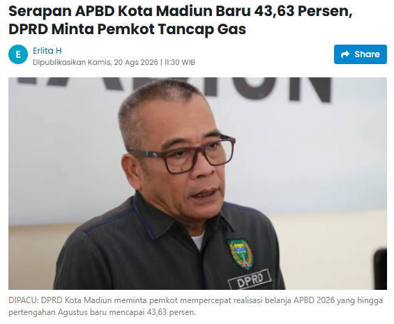 Serapan APBD Kota Madiun Baru 43,63 Persen, DPRD Minta Pemkot Tancap Gas