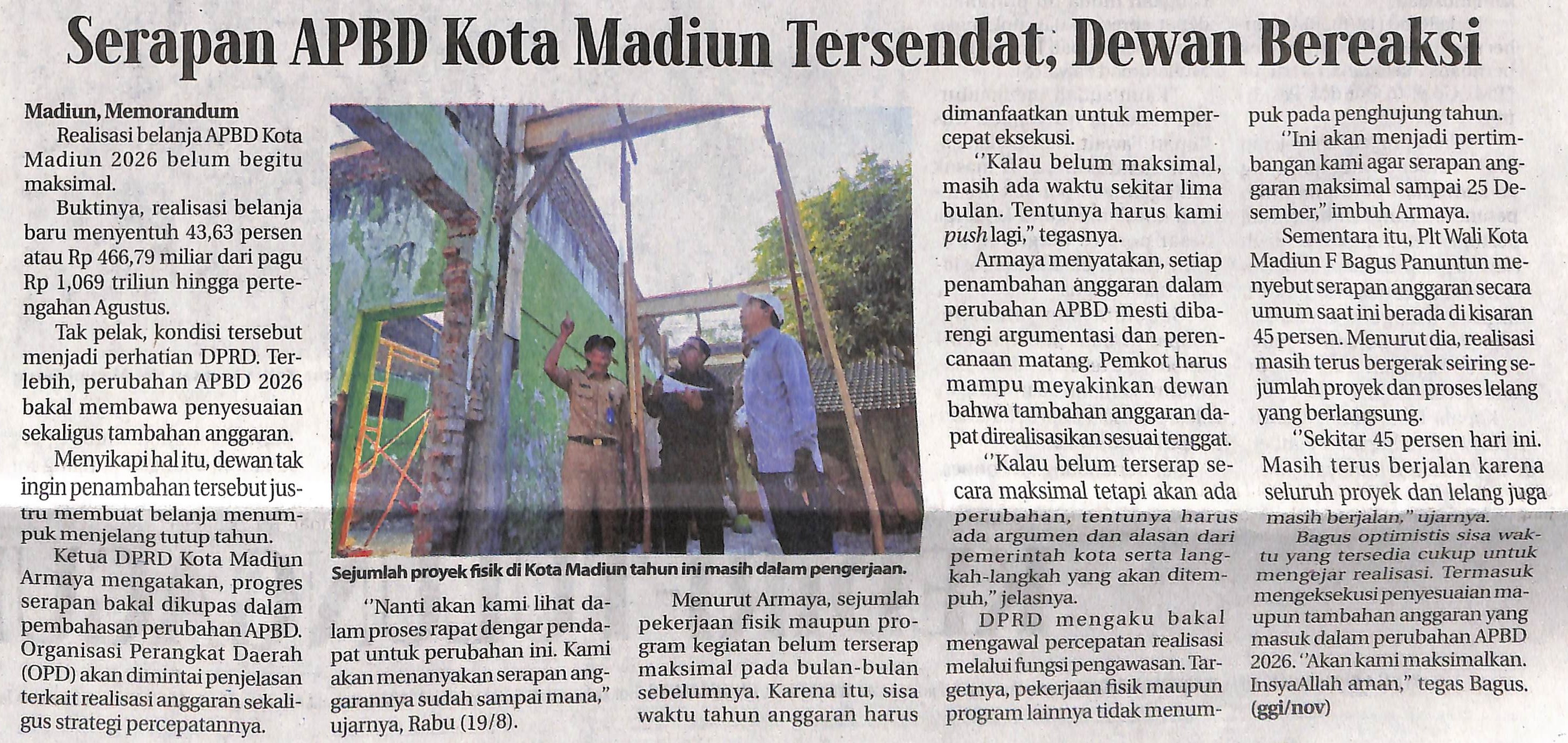 Serapan APBD Kota Madiun Tersendat, Dewan Bereaksi