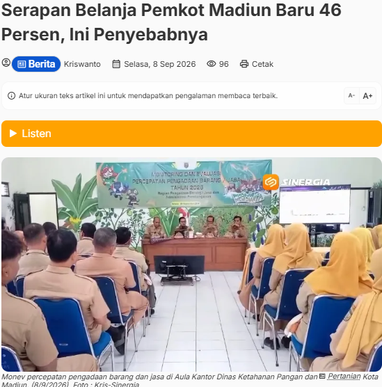Serapan Belanja Pemkot Madiun Baru 46 Persen, Ini Penyebabnya