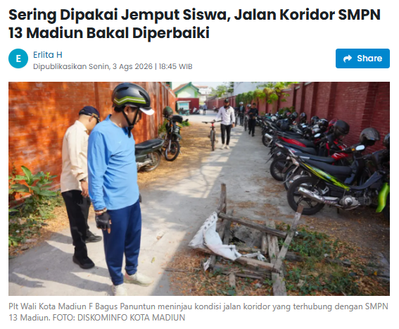 Sering Dipakai Jemput Siswa, Jalan Koridor SMPN 13 Madiun Bakal Diperbaiki