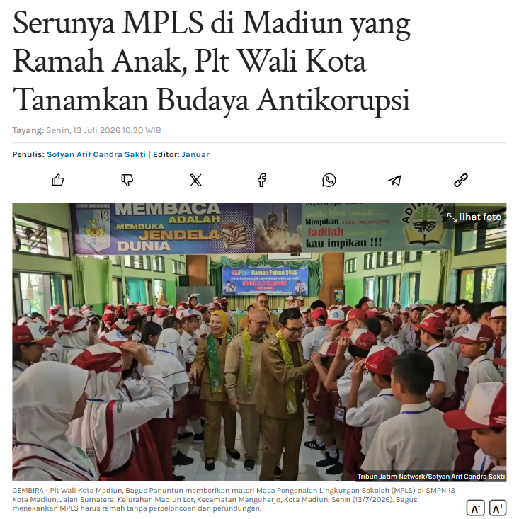 Serunya MPLS di Madiun yang Ramah Anak, Plt Wali Kota Tanamkan Budaya Antikorupsi
