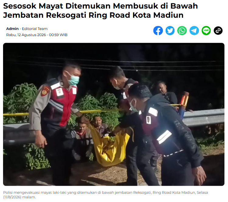 Sesosok Mayat Ditemukan Membusuk di Bawah Jembatan Reksogati Ring Road Kota Madiun