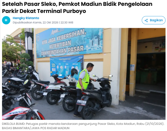 Setelah Pasar Sleko, Pemkot Madiun Bidik Pengelolaan Parkir Dekat Terminal Purboyo