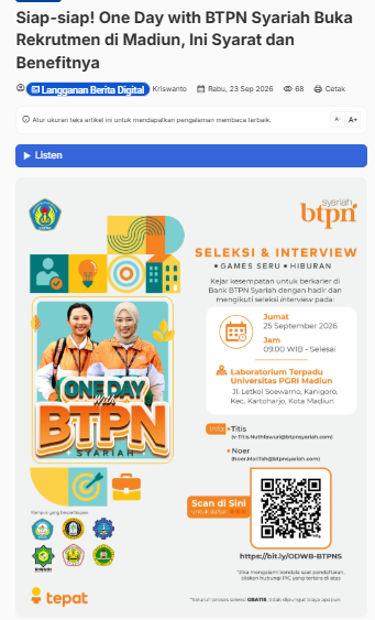 Siap-siap! One Day with BTPN Syariah Buka Rekrutmen di Madiun, Ini Syarat dan Benefitnya