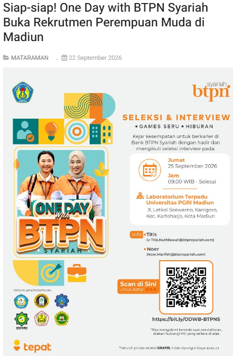 Siap-siap! One Day with BTPN Syariah Buka Rekrutmen Perempuan Muda di Madiun