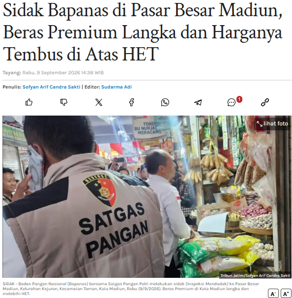 Sidak Bapanas di Pasar Besar Madiun, Beras Premium Langka dan Harganya Tembus di Atas HET