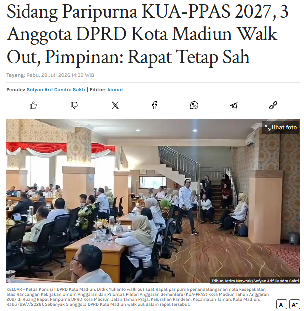 Sidang Paripurna KUA-PPAS 2027, 3 Anggota DPRD Kota Madiun Walk Out, Pimpinan: Rapat Tetap Sah