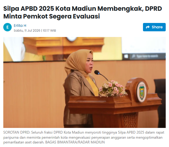 Silpa APBD 2025 Kota Madiun Membengkak, DPRD Minta Pemkot Segera Evaluasi
