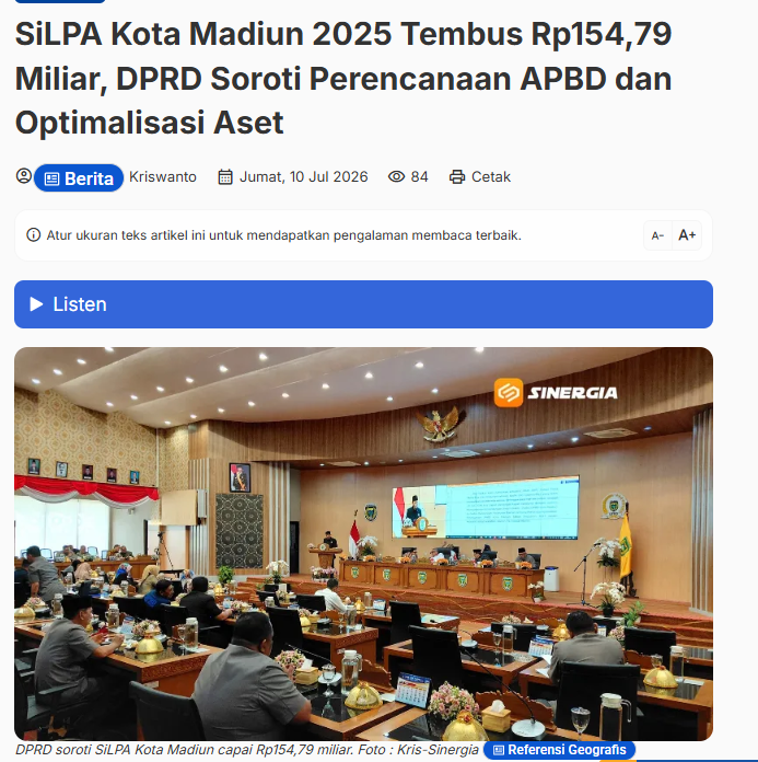 SiLPA Kota Madiun 2025 Tembus Rp154,79 Miliar, DPRD Soroti Perencanaan APBD dan Optimalisasi Aset
