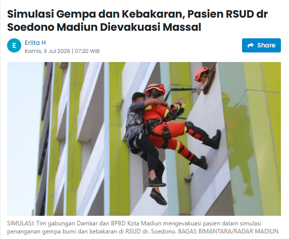 Simulasi Gempa dan Kebakaran, Pasien RSUD dr Soedono Madiun Dievakuasi Massal