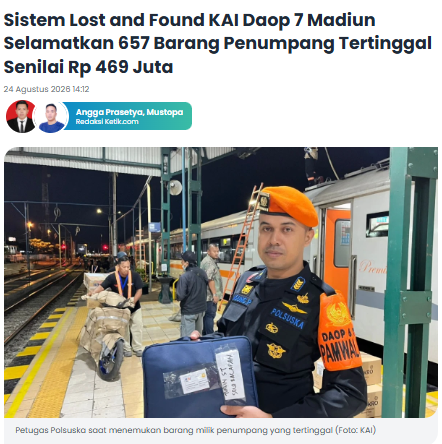 Sistem Lost and Found KAI Daop 7 Madiun Selamatkan 657 Barang Penumpang Tertinggal Senilai Rp 469 Juta