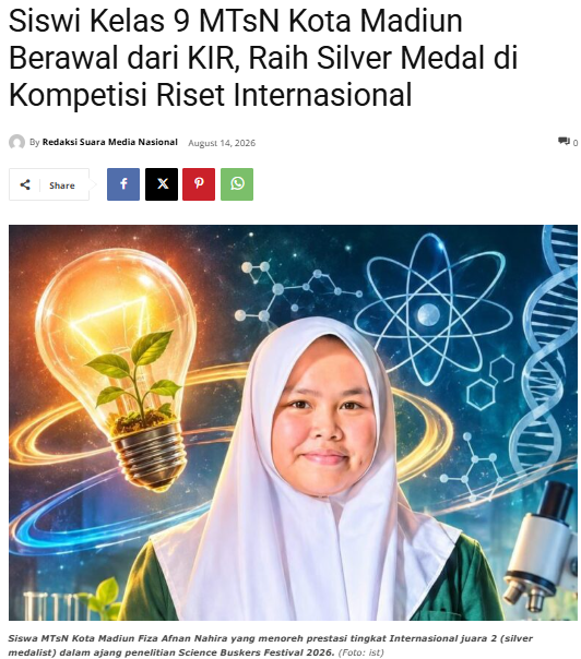 Siswi Kelas 9 MTsN Kota Madiun Berawal dari KIR, Raih Silver Medal di Kompetisi Riset Internasional