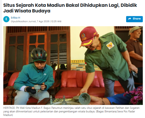 Situs Sejarah Kota Madiun Bakal Dihidupkan Lagi, Dibidik Jadi Wisata Budaya