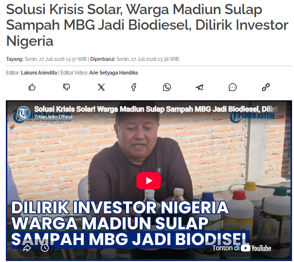 Solusi Krisis Solar, Warga Madiun Sulap Sampah MBG Jadi Biodiesel, Dilirik Investor Nigeria