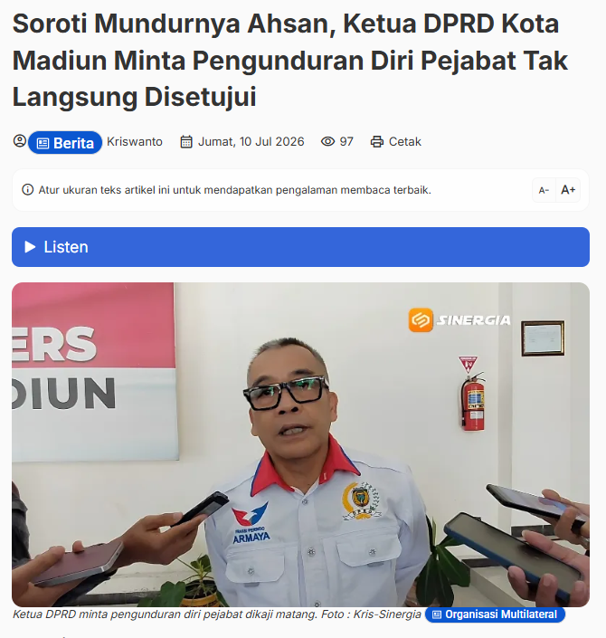 Soroti Mundurnya Ahsan, Ketua DPRD Kota Madiun Minta Pengunduran Diri Pejabat Tak Langsung Disetujui