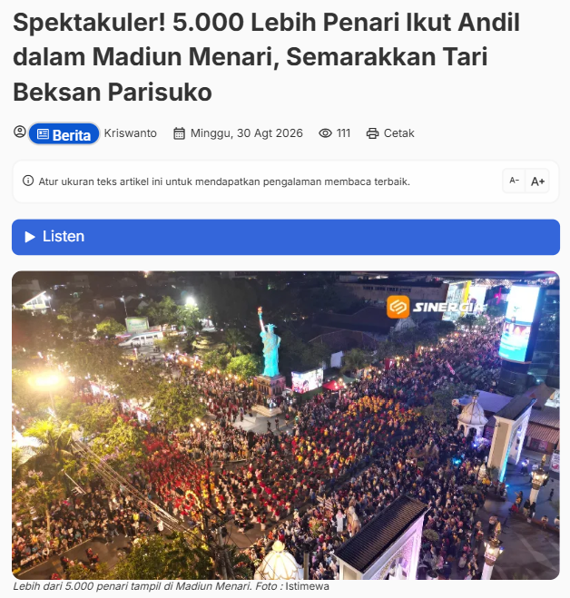 Spektakuler! 5.000 Lebih Penari Ikut Andil dalam Madiun Menari, Semarakkan Tari Beksan Parisuko